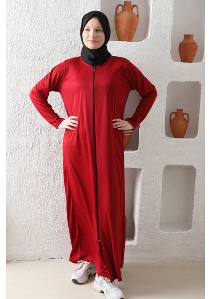 Fermuralı Likralı Kumaş Düz Renk Namaz Elbisesi Ferace modelleri