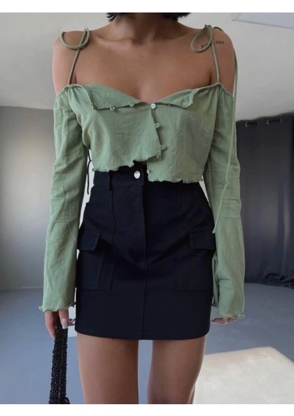 Gabardin Kısa Etek Cep Detaylı - Siyah