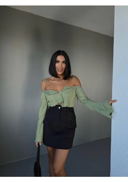 Gabardin Kısa Etek Cep Detaylı - Siyah modelleri