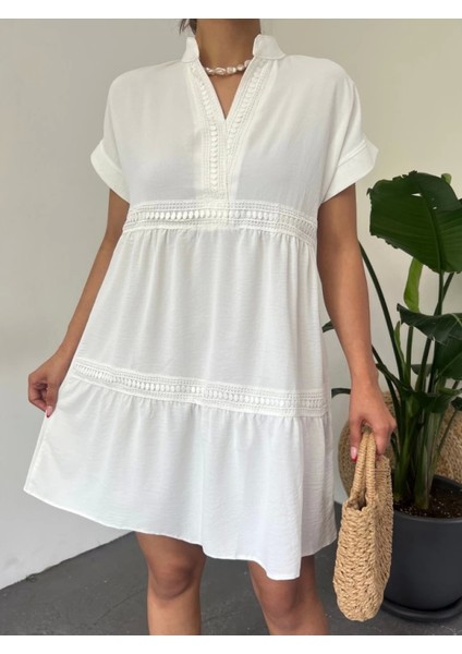 V Yaka Fistolu Ayrobin Elbise -Beyaz