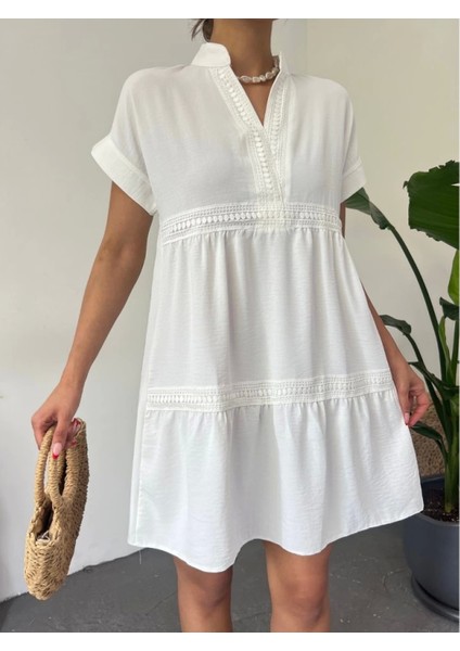 V Yaka Fistolu Ayrobin Elbise -Beyaz fiyatları