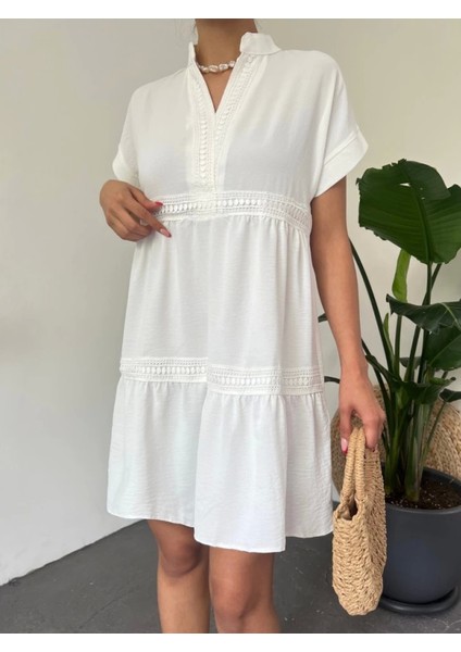 V Yaka Fistolu Ayrobin Elbise -Beyaz modelleri