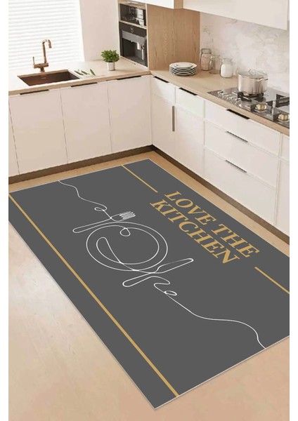 Dijital Baskılı Kaymaz Taban Yıkanabilir Gold Kitchen Yazılı Antrasit Mutfak Halı YOLLUK-DC-5014