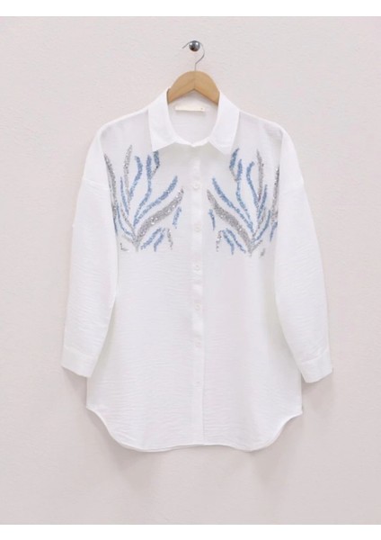 Önü Pul Payetli Uzun Gömlek -Beyaz modelleri