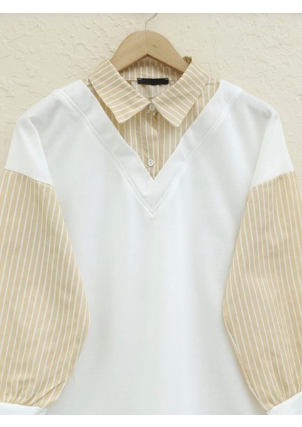 Çizgili Gömlek Detaylı Sweat Tunik -Açık Vizon