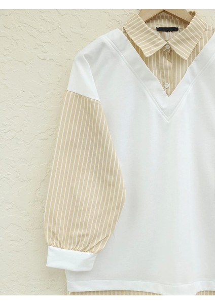 Çizgili Gömlek Detaylı Sweat Tunik -Açık Vizon fiyatları