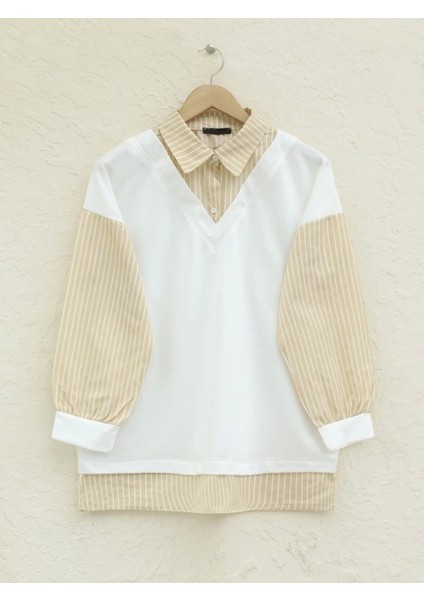 Çizgili Gömlek Detaylı Sweat Tunik -Açık Vizon modelleri