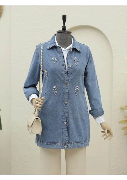 Küme Taş Detaylı Düğmeli Kot Ceket -Buz Mavi