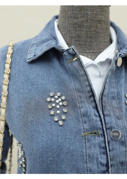 Küme Taş Detaylı Düğmeli Kot Ceket -Buz Mavi fiyatları