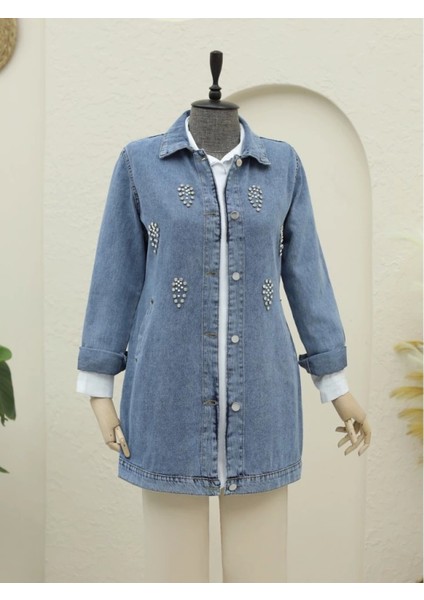 Küme Taş Detaylı Düğmeli Kot Ceket -Buz Mavi modelleri