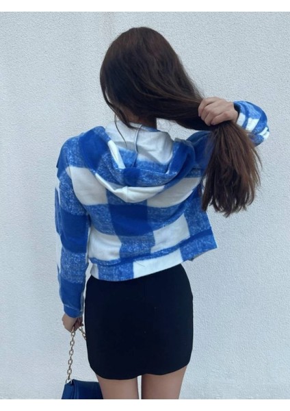 Kapşonlu Ekose Polar Crop Ceket -Mavi