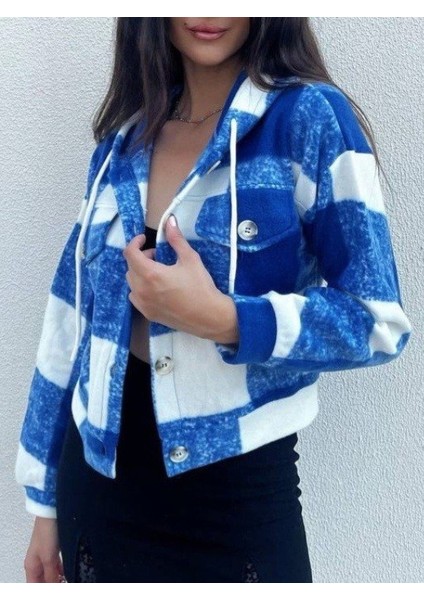 Kapşonlu Ekose Polar Crop Ceket -Mavi modelleri