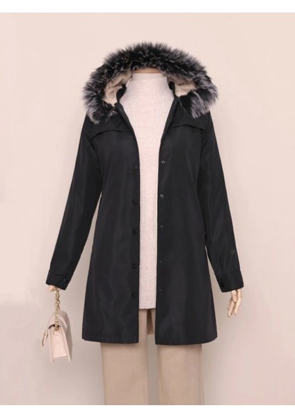 Çıkma Kapşonlu Çıtçıtlı Cepli Kısa Kaban -Siyah