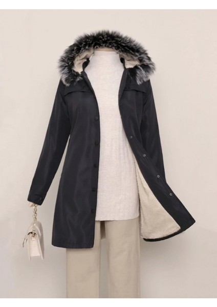 Çıkma Kapşonlu Çıtçıtlı Cepli Kısa Kaban -Siyah modelleri