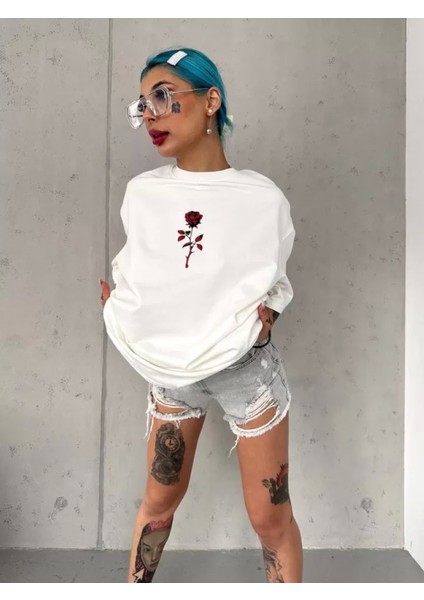 Unisex Bisiklet Yaka Baskılı Oversize T-Shirt - Beyaz fiyatları