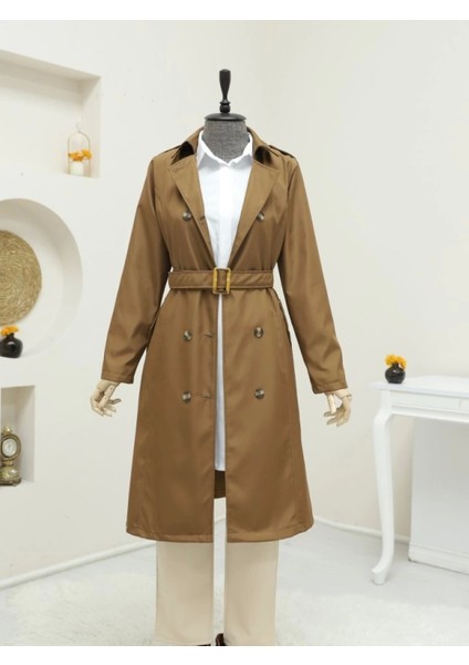 Düğmeli Kemerli Ara Boy Trençkot -Taba