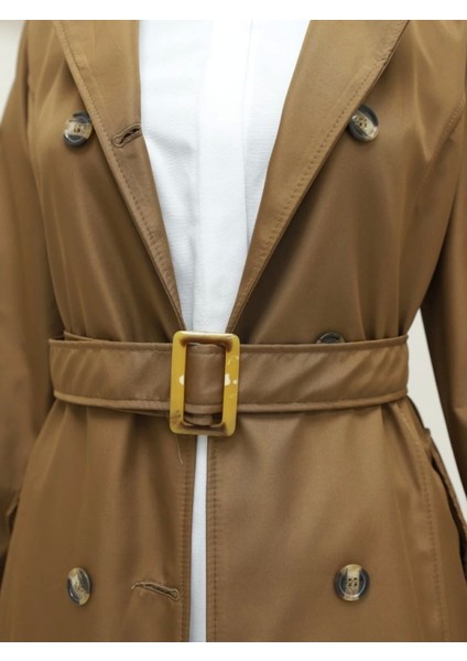 Düğmeli Kemerli Ara Boy Trençkot -Taba fiyatları