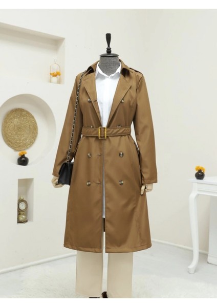 Düğmeli Kemerli Ara Boy Trençkot -Taba modelleri
