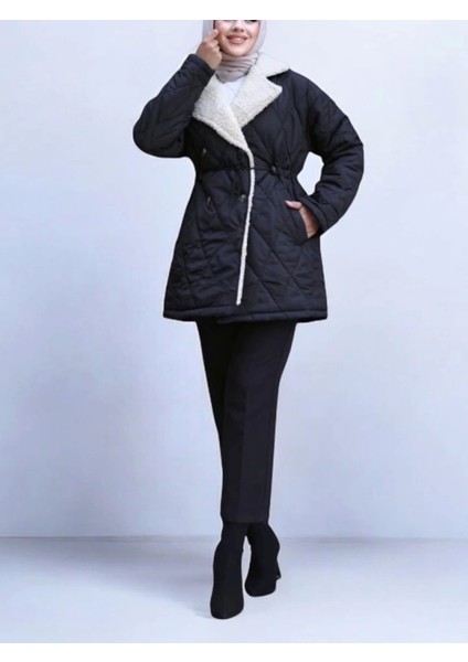 Beli Lastikli Peluş Detaylı Kapitone Mont -Siyah