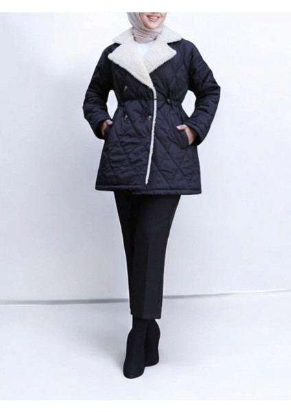 Beli Lastikli Peluş Detaylı Kapitone Mont -Siyah fiyatları