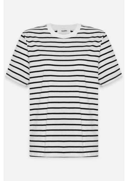 Ekru-Siyah Çizgili Bisiklet Yaka Kısa Kollu T-Shirt