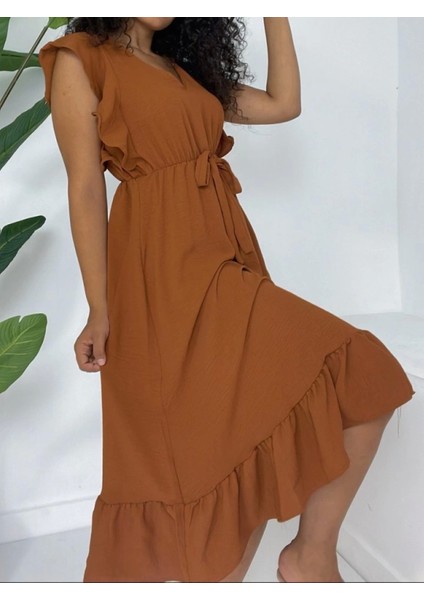 Omuzu Fırfırlı Beli Lastikli Sıfır Kol Midi Boy Ayrobin Elbise -Taba fiyatları