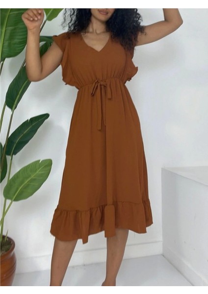 Omuzu Fırfırlı Beli Lastikli Sıfır Kol Midi Boy Ayrobin Elbise -Taba modelleri