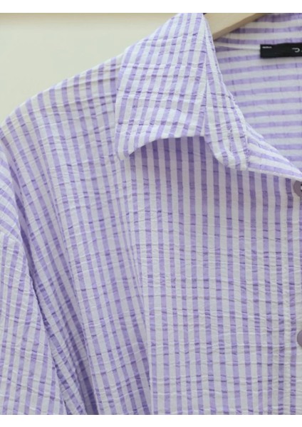 Boydan Düğmeli Bağcıklı Çizgili Bürümcük Gömlek -Lila