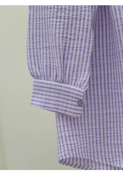 Boydan Düğmeli Bağcıklı Çizgili Bürümcük Gömlek -Lila fiyatları