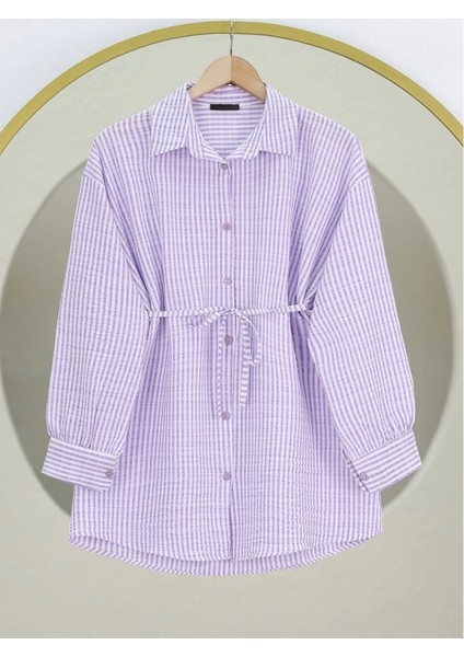 Boydan Düğmeli Bağcıklı Çizgili Bürümcük Gömlek -Lila modelleri