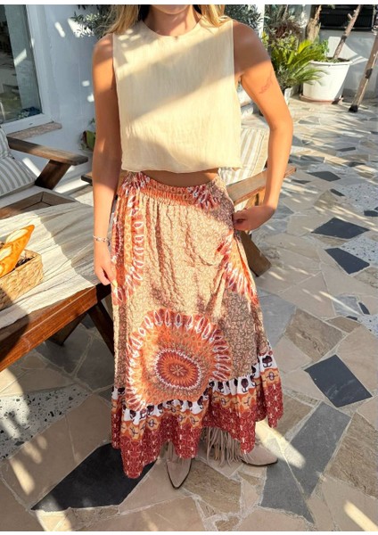 Etnik Desenli Lastikli Bel Uzun Etek fiyatları