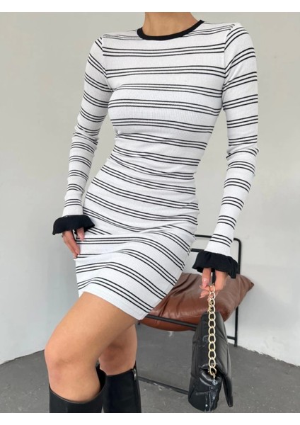 Kol Ucu Volan Çizgili Kaşkorse Elbise -Beyaz modelleri