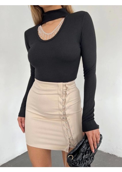 Dik Yaka Taş Detaylı Uzun Kol Bluz -Siyah