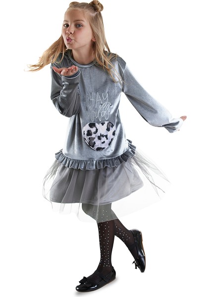 Leopar Cepli Kız Çocuk Gri Kadife Elbise