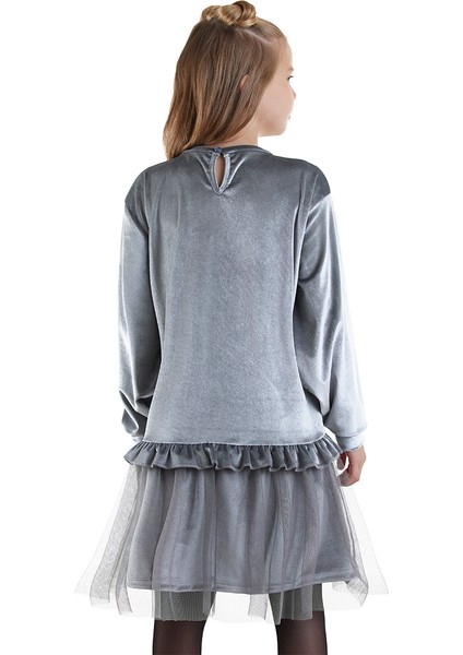 Leopar Cepli Kız Çocuk Gri Kadife Elbise fiyatları