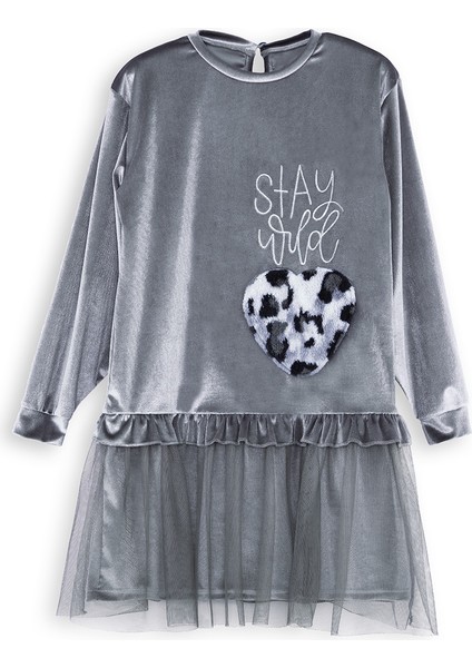 Leopar Cepli Kız Çocuk Gri Kadife Elbise modelleri