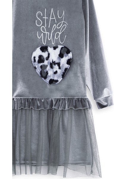Leopar Cepli Kız Çocuk Gri Kadife Elbise indirimleri