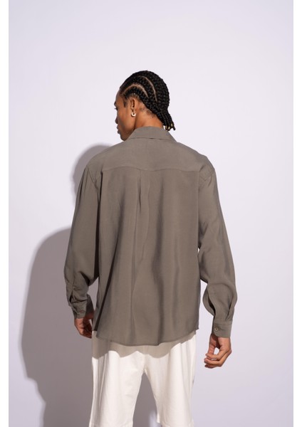 Erkek Uzun Kollu Oversize Dökümlü Modal Gömlek Haki modelleri