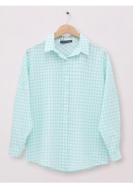 Boydan Düğmeli Gofre Gömlek -Su Yeşili modelleri