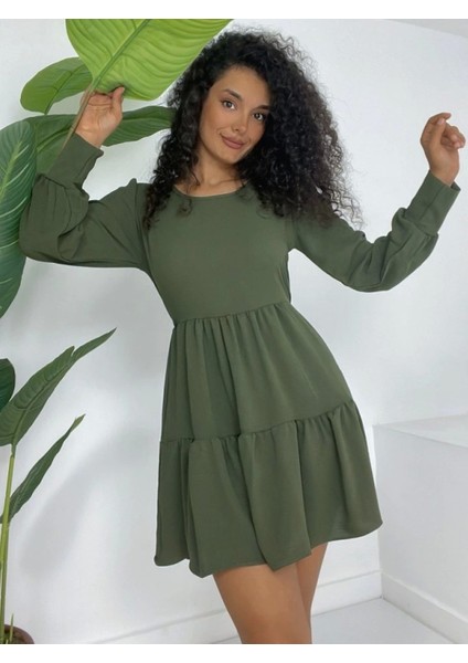 Yuvarlak Yaka Beli Lastikli Eteği Katlı Ayrobin Elbise -Haki