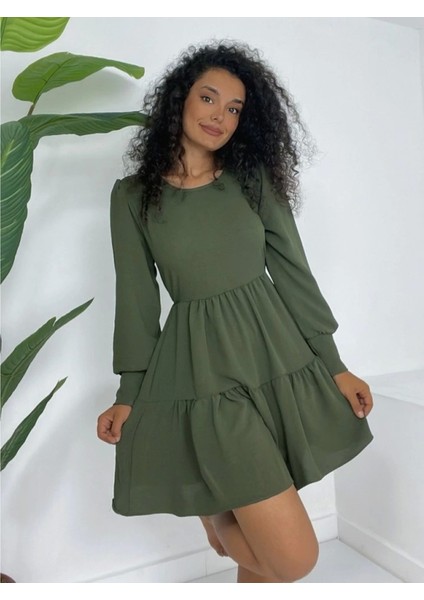 Yuvarlak Yaka Beli Lastikli Eteği Katlı Ayrobin Elbise -Haki fiyatları