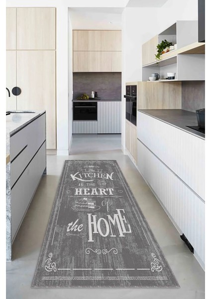 Dijital Baskılı Kaymaz Taban Yıkanabilir Kitchen-Home Yazılı Çerçeveli Gri Mutfak Halısı-DC-5017