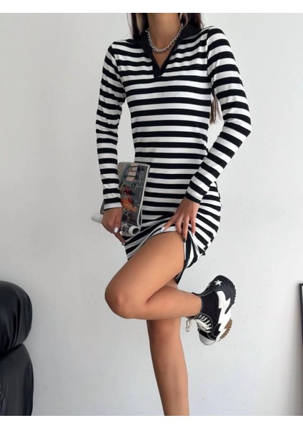 Yakalı Çizgili Uzun Kol Elbise -Siyah