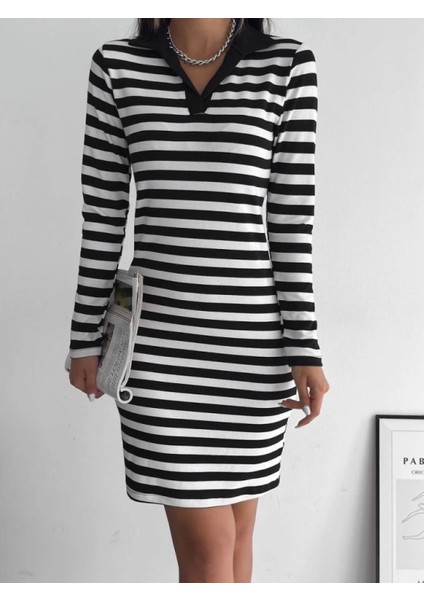 Yakalı Çizgili Uzun Kol Elbise -Siyah fiyatları