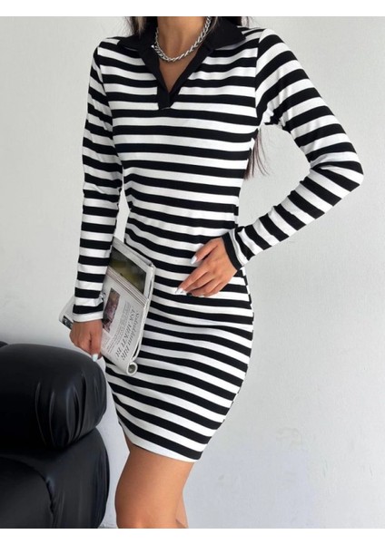 Yakalı Çizgili Uzun Kol Elbise -Siyah modelleri
