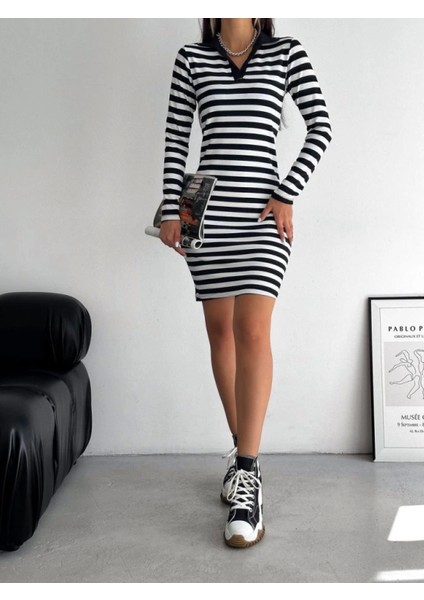 Yakalı Çizgili Uzun Kol Elbise -Siyah indirimleri