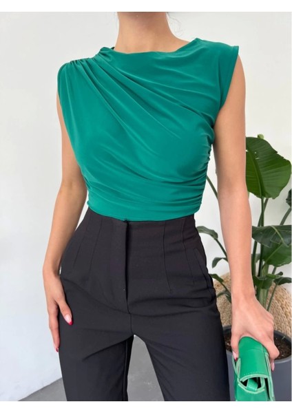 Bisiklet Yaka Sıfır Kol Sandy Bluz -Zümrüt modelleri