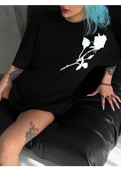 Unisex Bisiklet Yaka Baskılı Oversize T-Shirt - Siyah modelleri