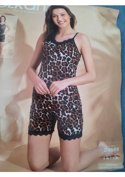 Bayan Viskon Leopar Desen Dantelli Şort Takım modelleri
