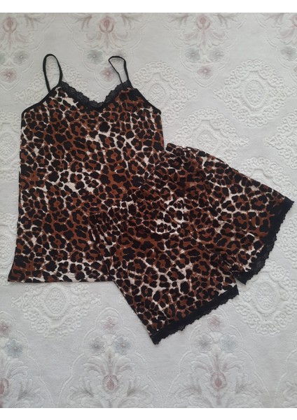 Bayan Viskon Leopar Desen Dantelli Şort Takım fırsatları